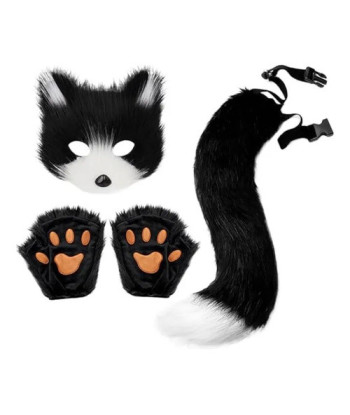 Disfraz Therian Set Máscara Patitas Y Cola - Hallowen Negro/blanco Única