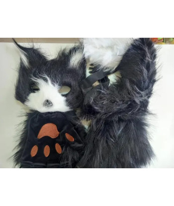 Disfraz Therian Set Máscara Patitas Y Cola - Hallowen Negro/blanco Única